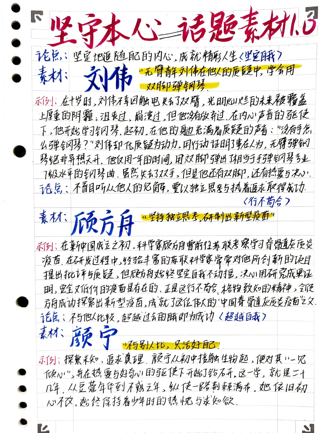 ✅话题素材1.0：坚守本心（论点+人物素材）