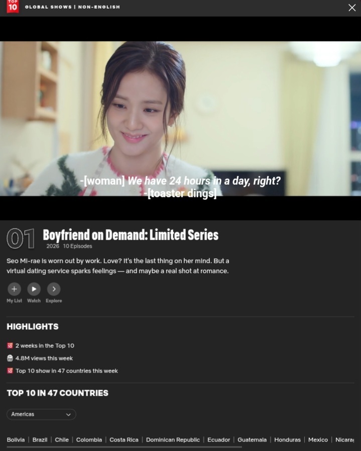 JISOO《月刊男友》在Netflix全球非英语剧集排行榜上上升3位，荣登榜首?