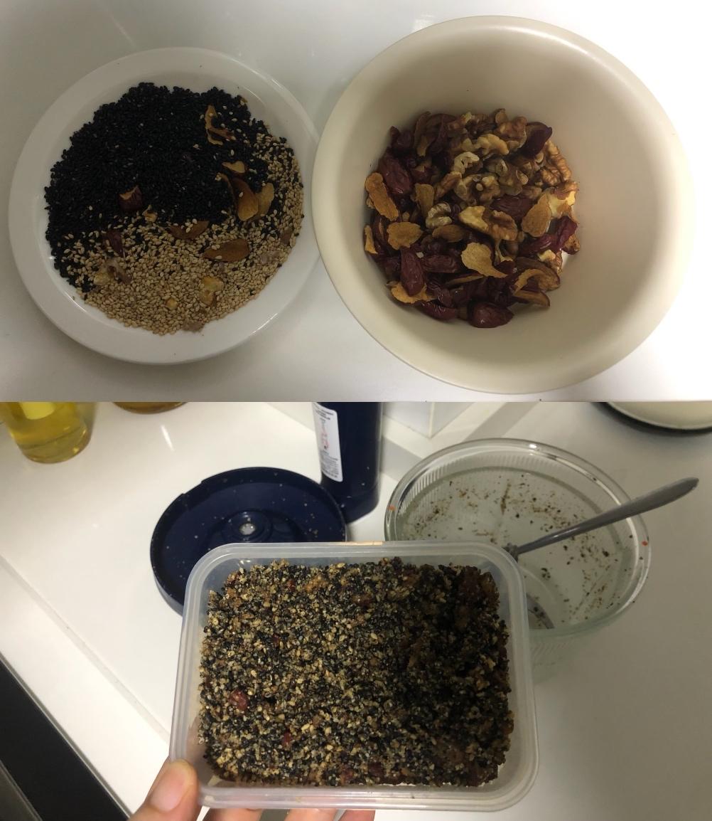 到了胡乱养生的年纪，
虽然心里也知道没用白头发该长还是长，
炒了点核桃黑芝麻和红