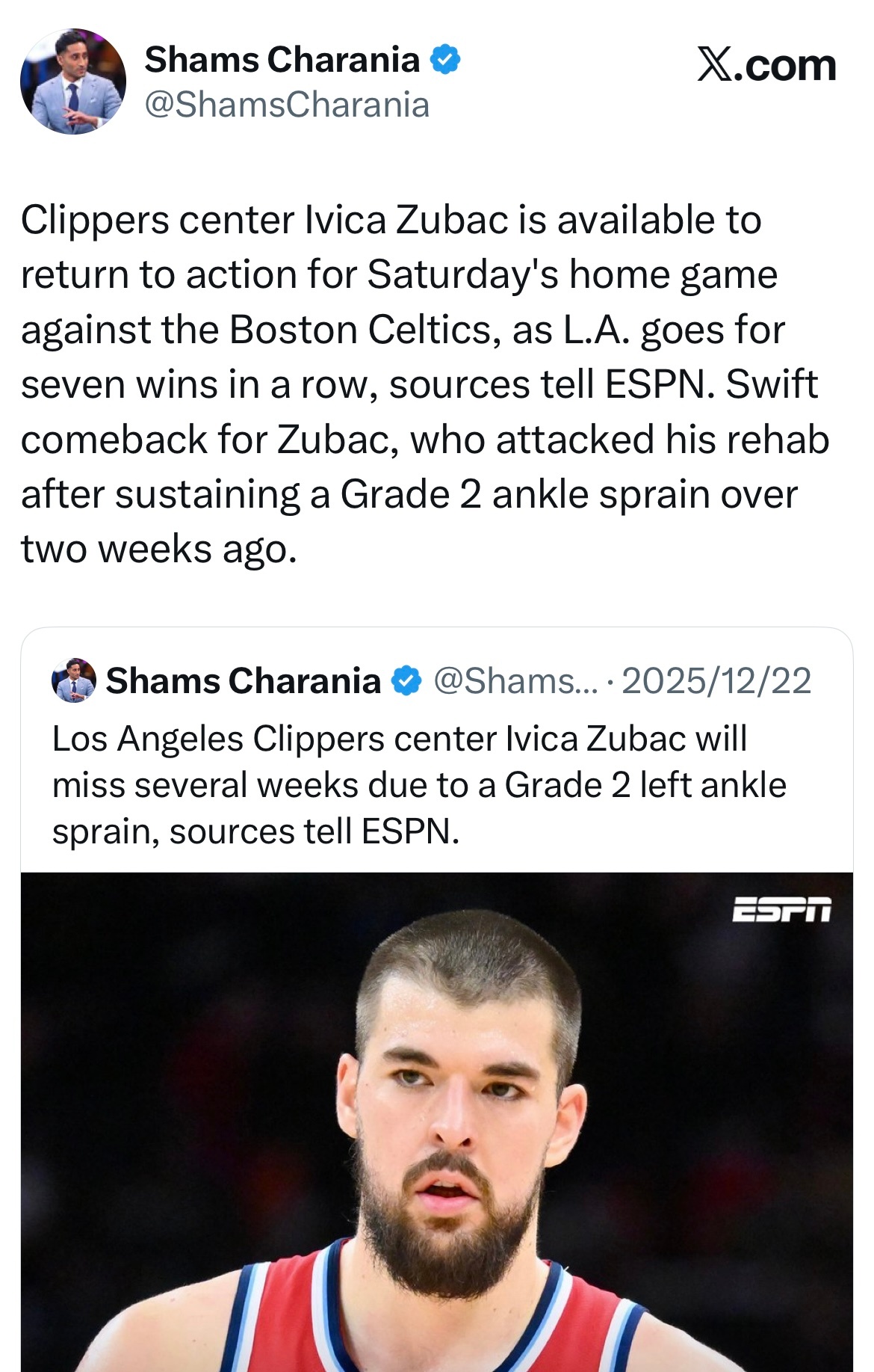 Shams：祖巴茨复出对阵凯尔特人！ 快船队中锋祖巴茨将能出战周六主场对阵波士顿