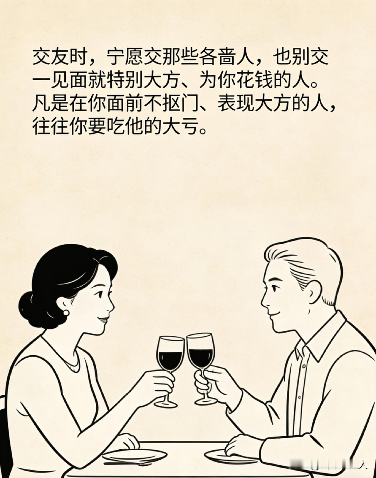 贾平凹：
“交友时，宁愿交那些吝啬人，也别交一见面就特别大方、为你花钱的人。凡是