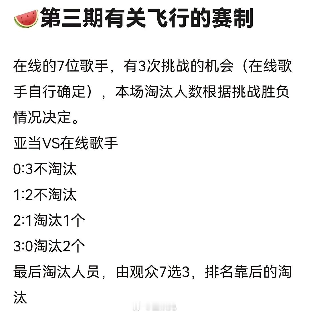网传歌手第三期赛制，在线的7位歌手，有3次挑战的机会(在线歌手自行确定)，本场淘