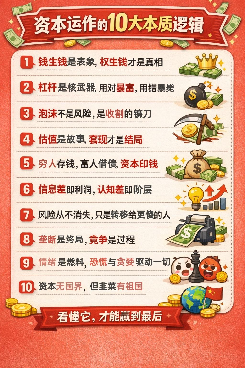 资本运作的10条本质逻辑
1. 钱生钱是表象，权生钱才是真相
2. 杠杆是核武器