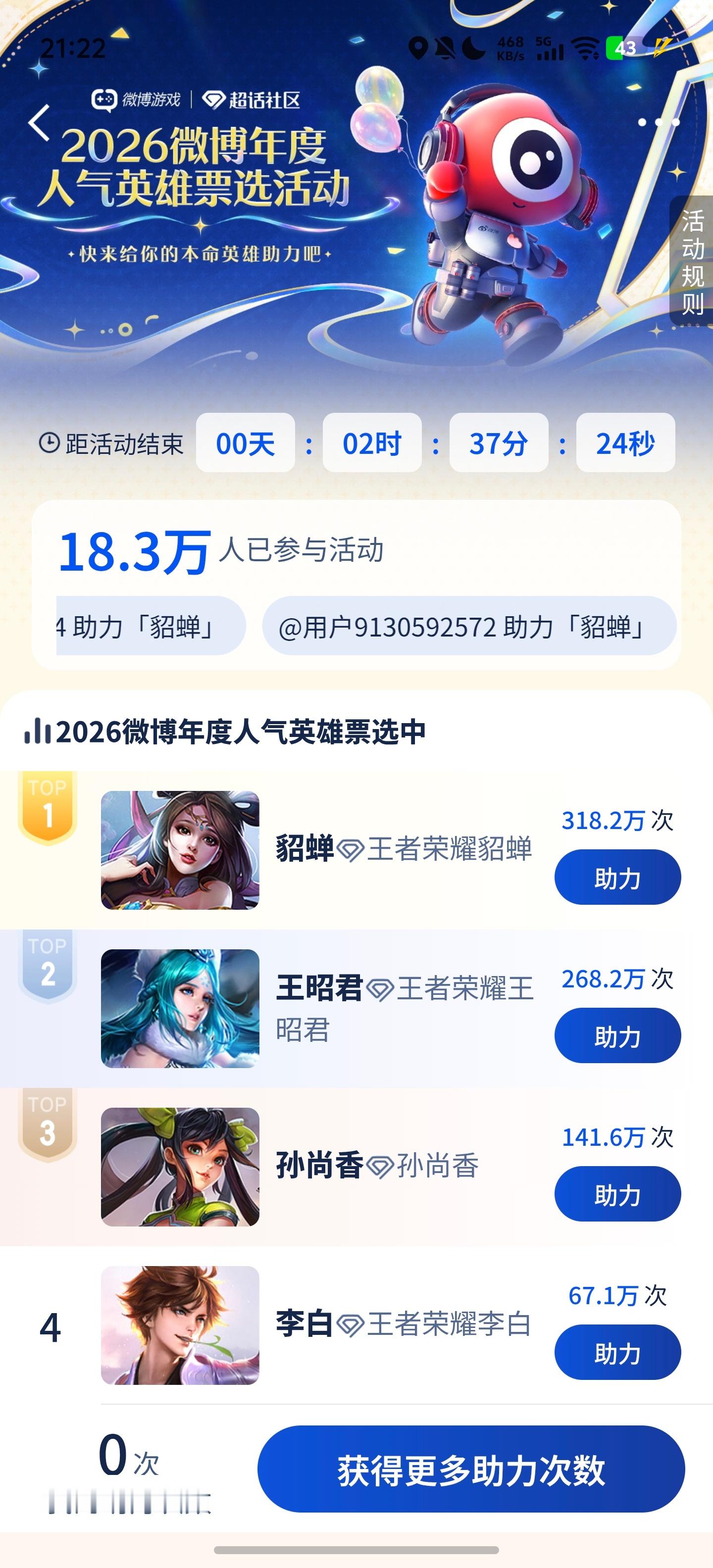王者荣耀王昭君超话爆了貂蝉投票差距来到50w票，貂蝉要登顶了吗 ​​​