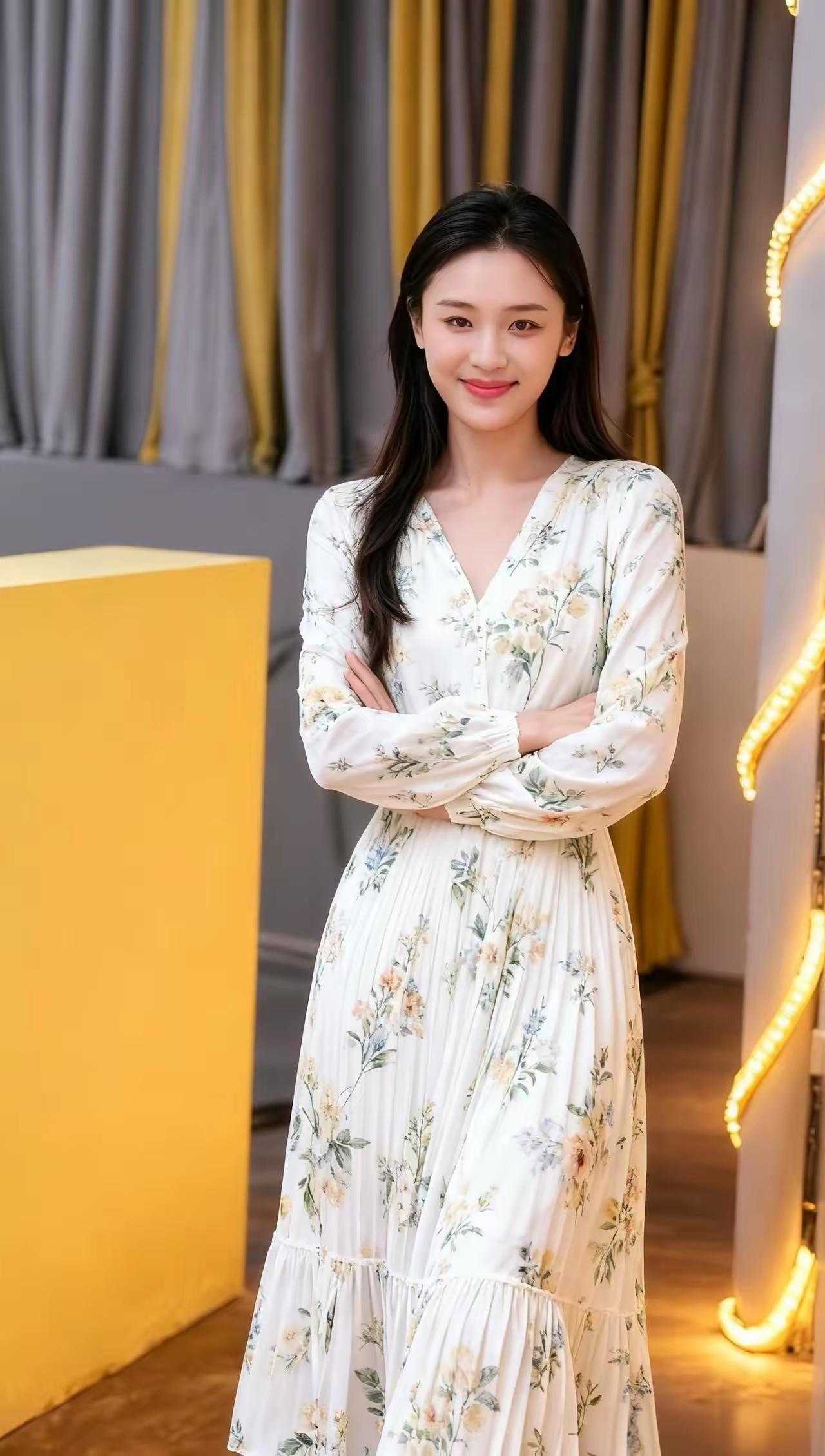 优雅气质，花裙飘逸，微笑动人，时尚穿搭