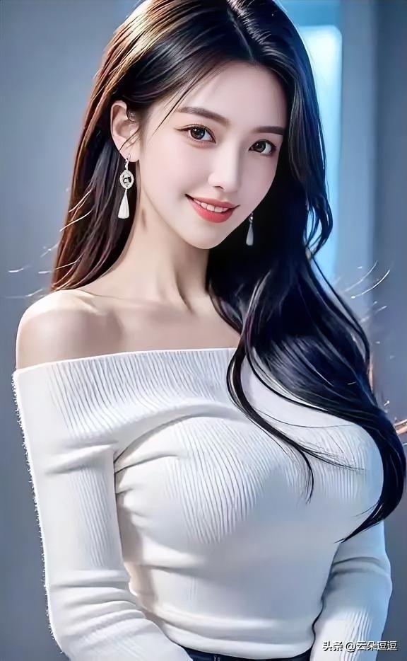 温柔甜美的少女，白色露肩上衣，微笑动人！🌸✨