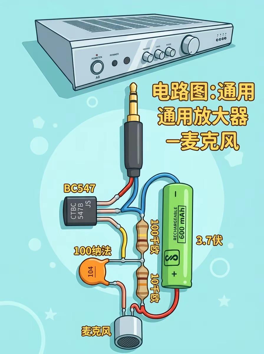 BC547三极管麦克风放大电路，3.7V锂电池供电，把微弱麦信号放大，接功放就能