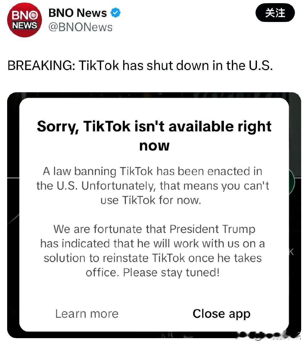 TikTok在美关闭了！
特朗普周一上任后或将迎来转机，他考虑给予90天的宽限期