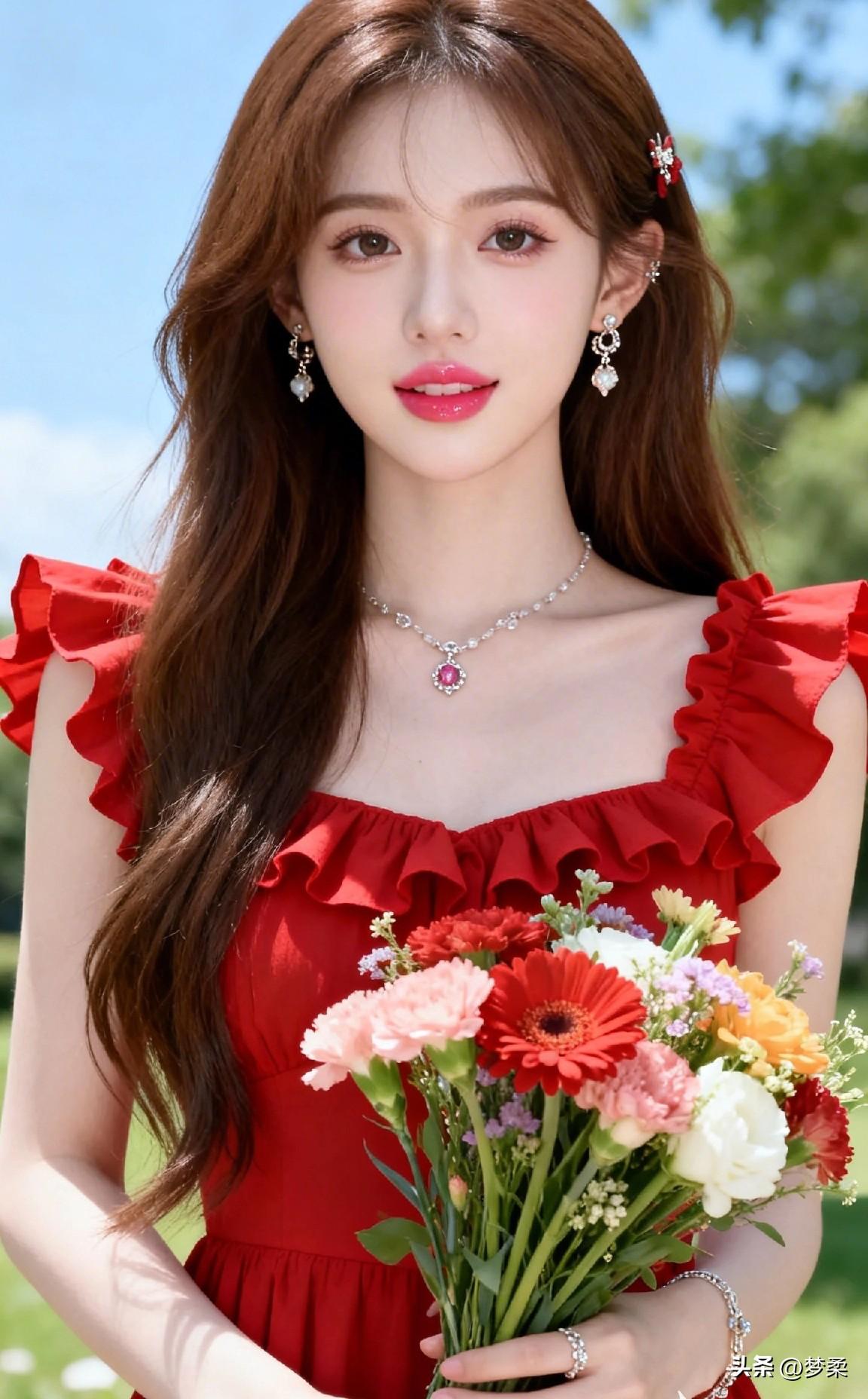 甜美红裙少女，手捧鲜花，笑靥如花🌸💕