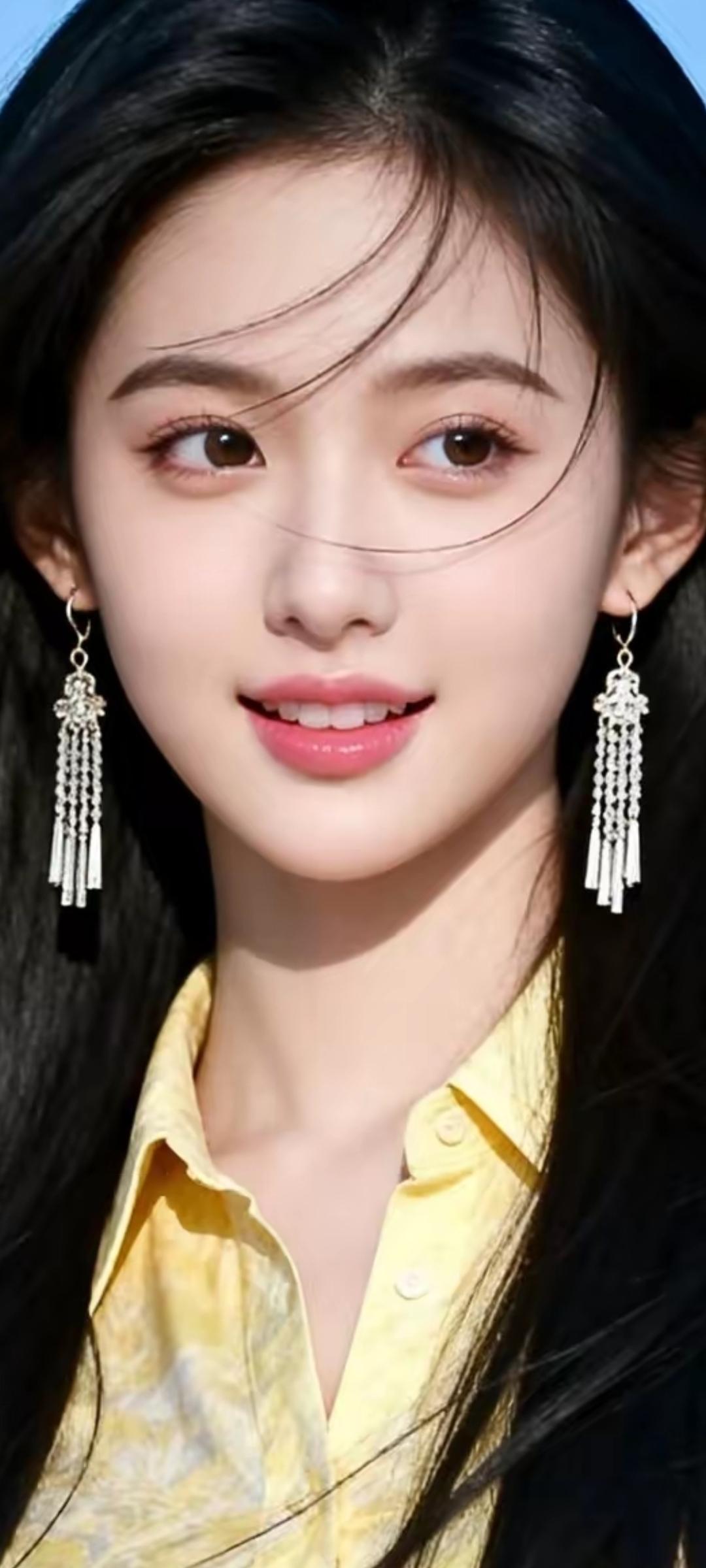 温柔甜美的少女，黄色衬衫搭配长耳环，清新自然。
