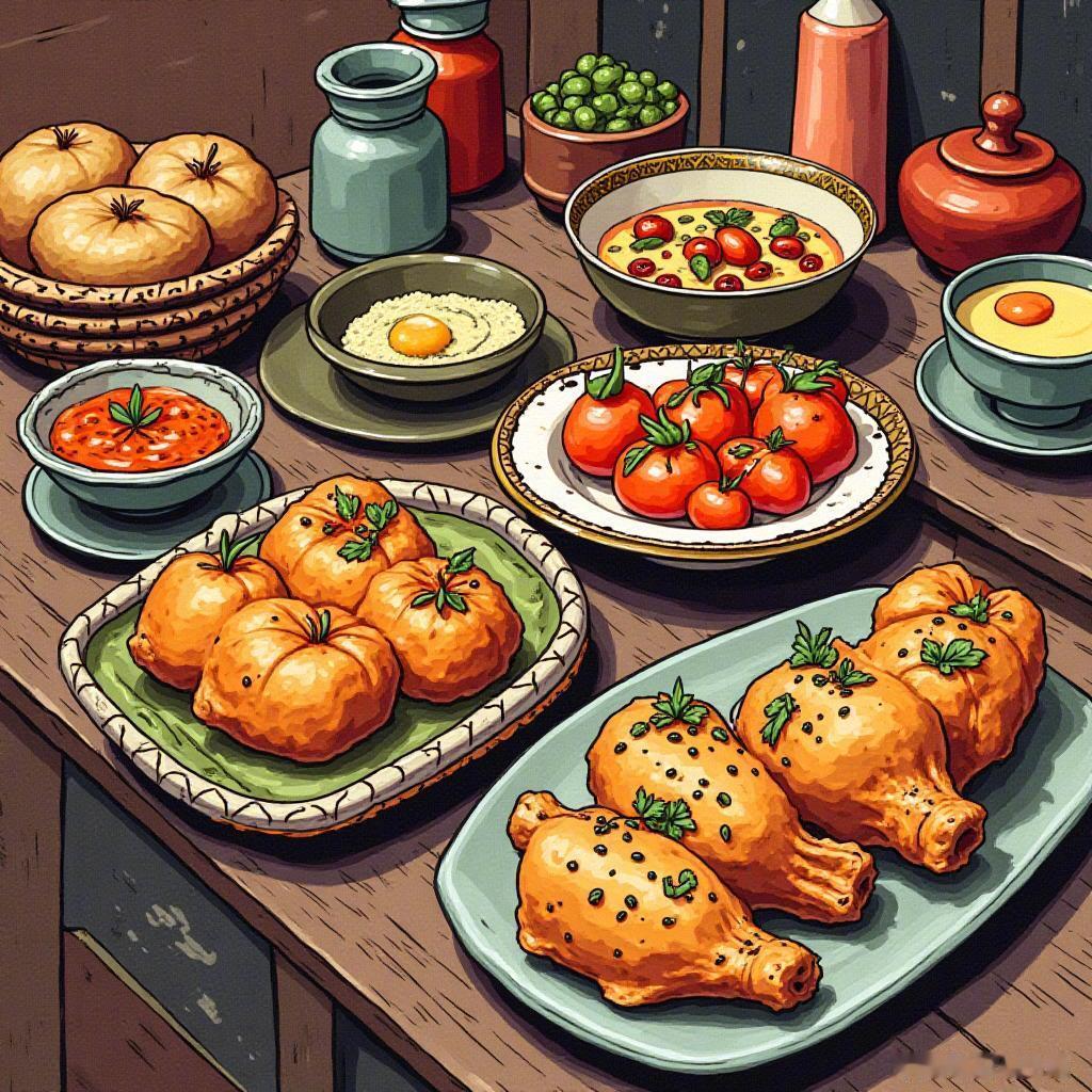 美食的魅力如同怀旧的旋律，色彩斑斓，细节满满，仿佛在诉说着温馨的故事。🍽️✨愿