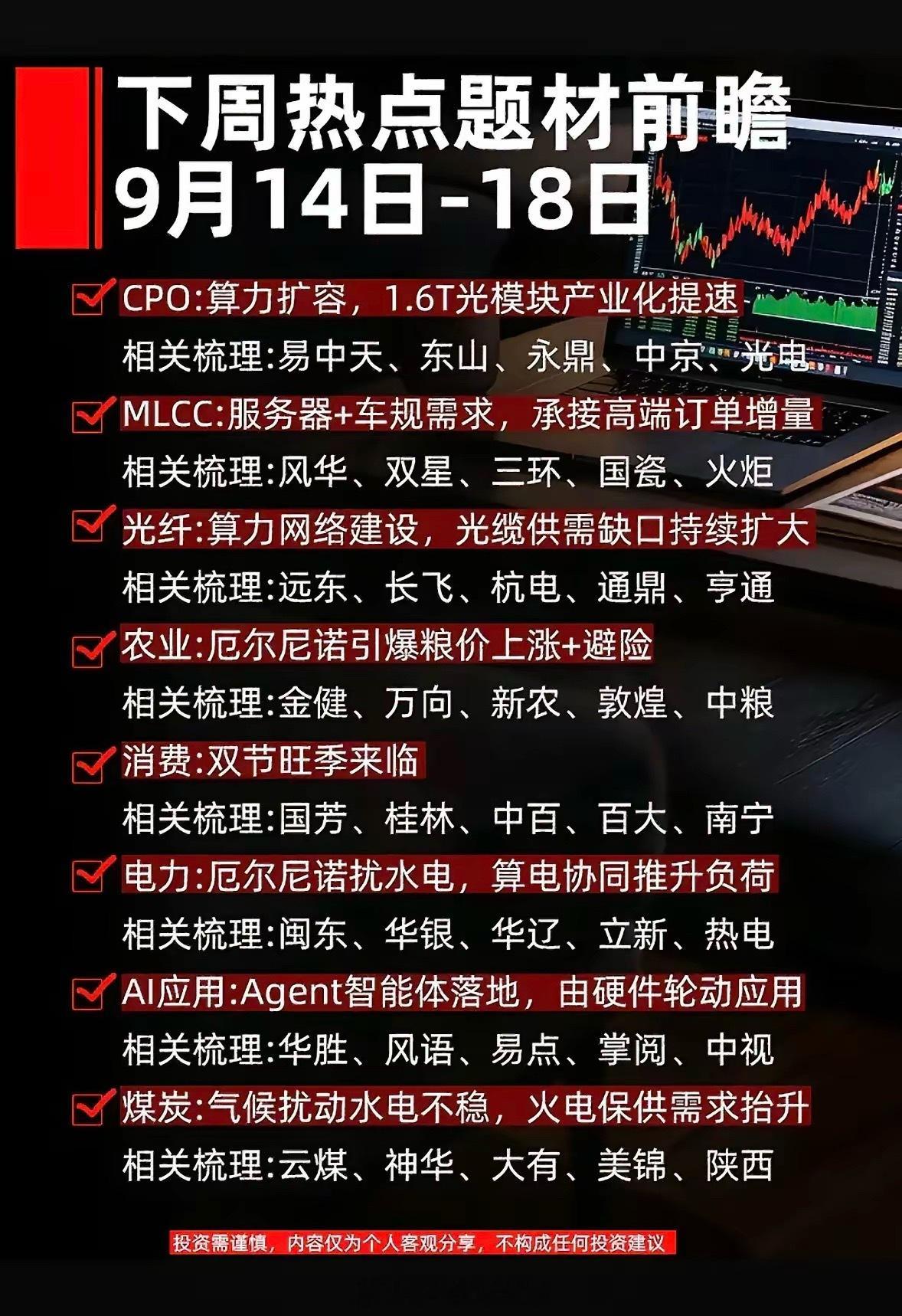 网上流传的这份下周题材清单，把好几个方向的催化逻辑全部列出来了，但要客观看待，不