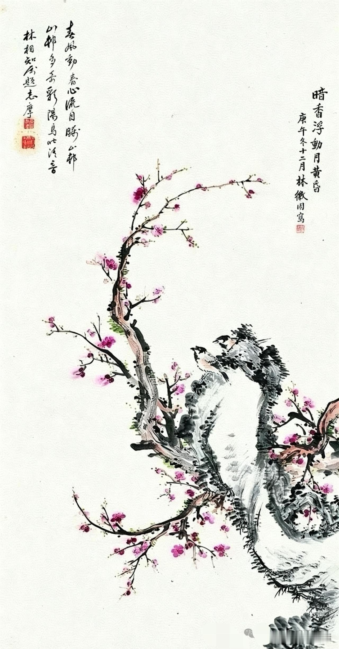 这两幅画作均出自林徽因之手，展现了她作为一代才女在绘画艺术上的深厚造诣。画面中梅