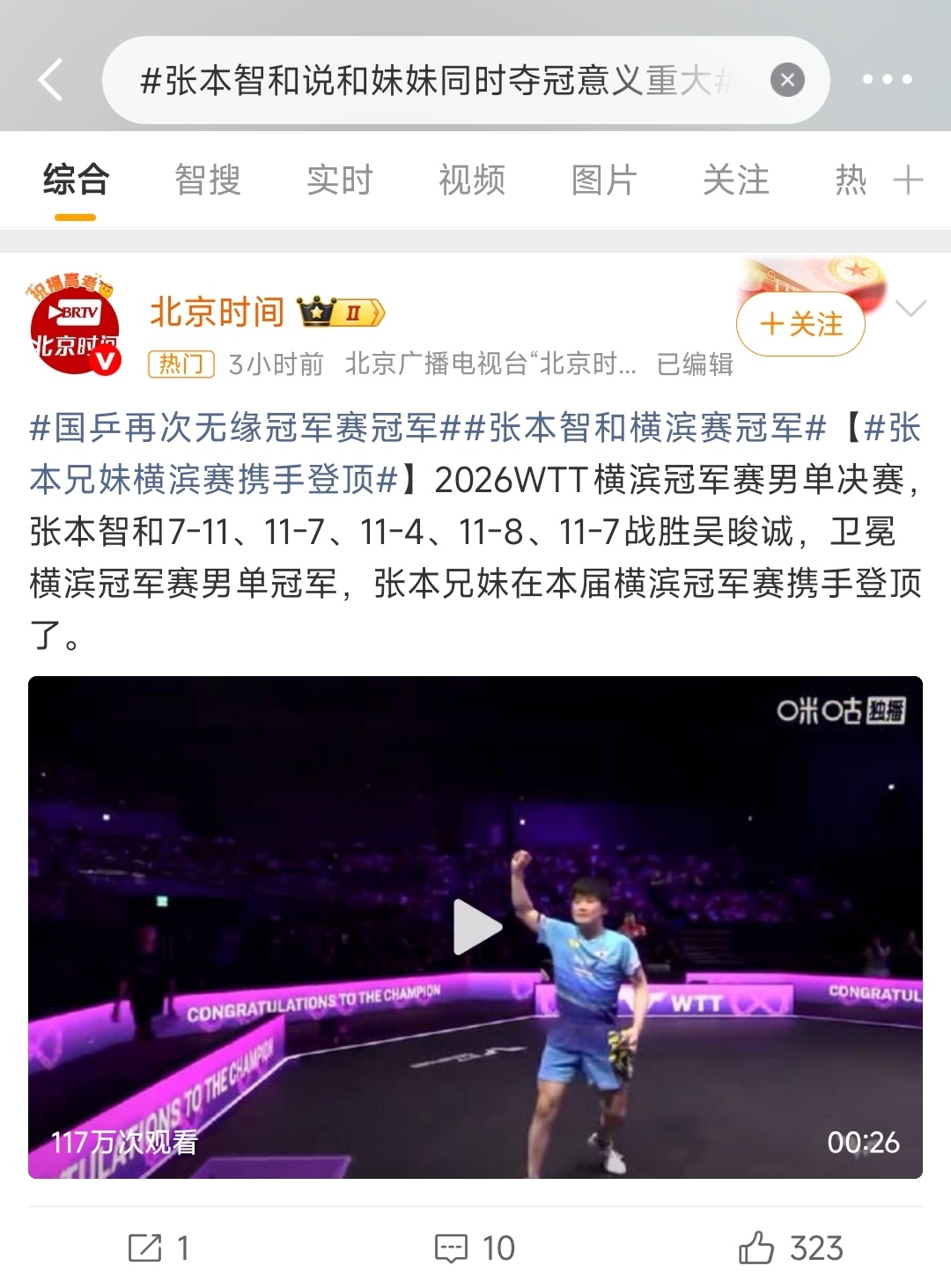 玩流量，搞粉圈，败了又不耽误接代言。国乒再次无缘冠军赛冠军张本智和说和妹妹同时夺