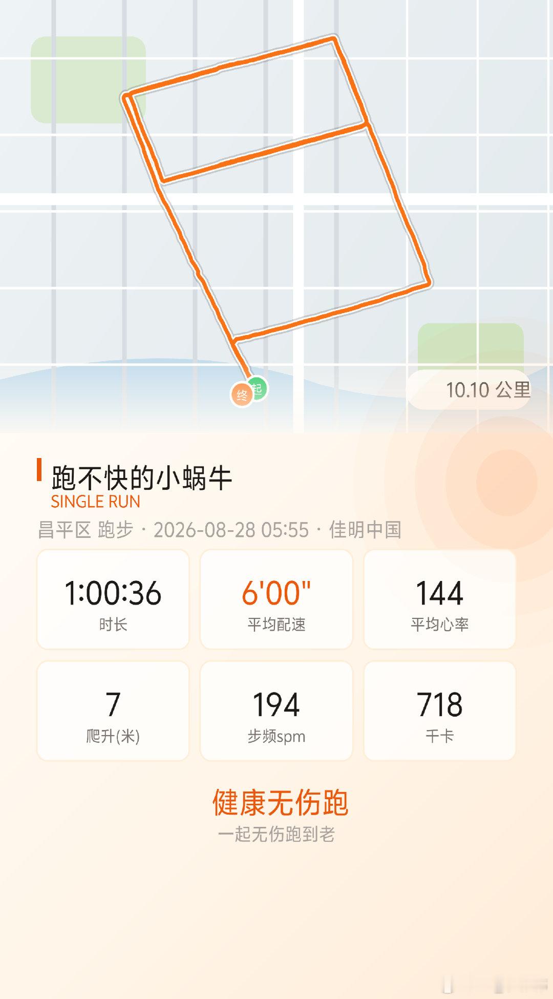 跑步[超话]坚持一周三次跑步 晨跑10.10公里✅1小时03分，配速6′00″｜