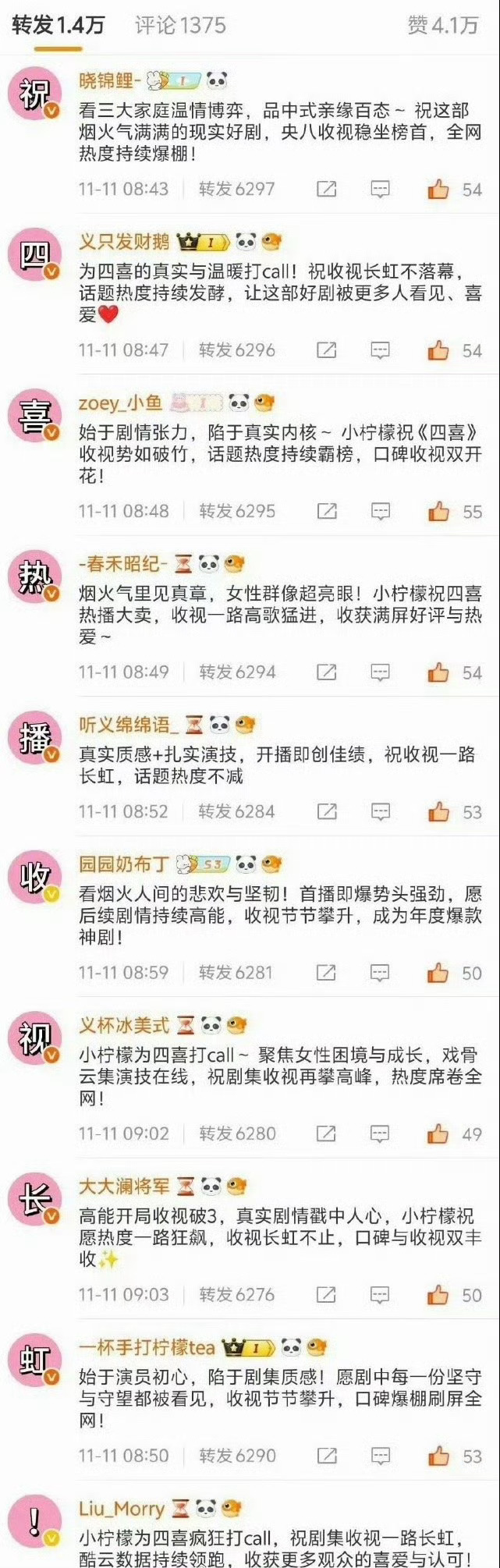 孟子义粉丝四喜排字打call 了。 