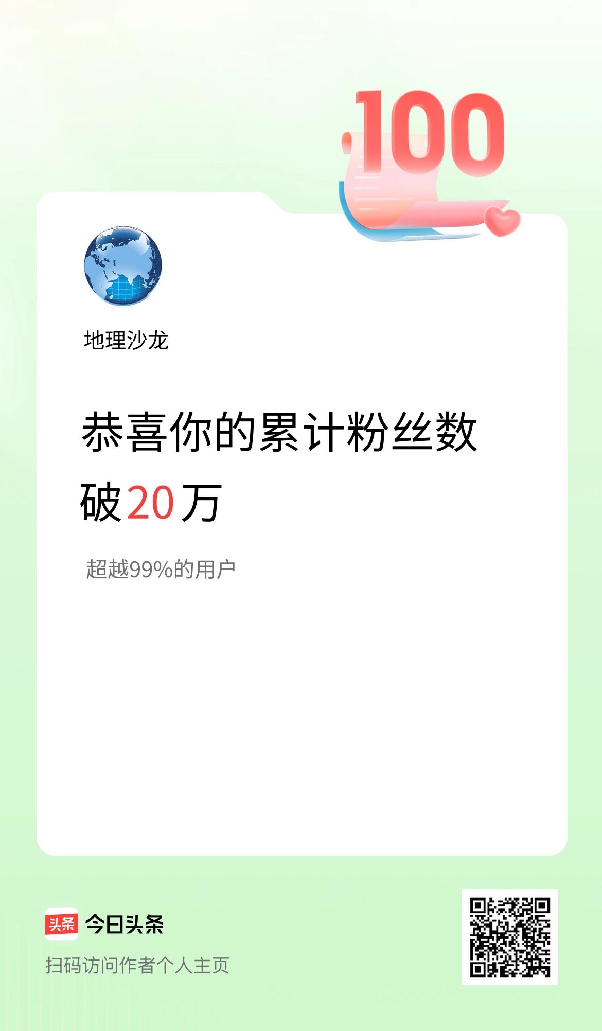 我在头条累计粉丝数破20万啦！