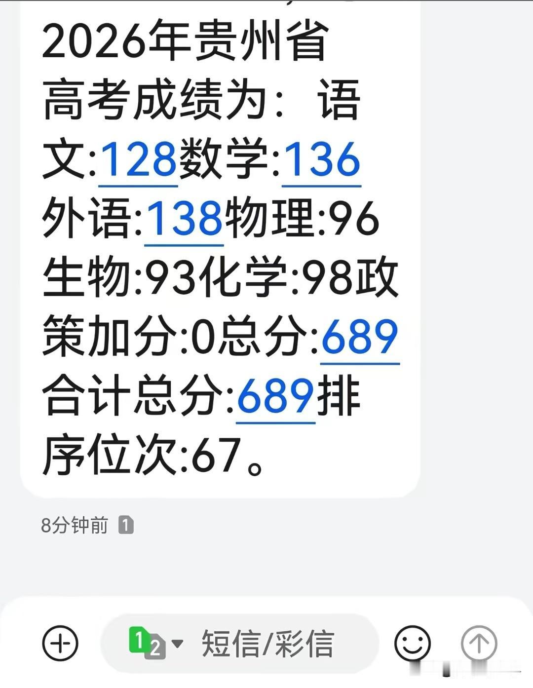 2026年贵州高考物理类689分，排名67，今年高分段人数比去年多啊。
贵州