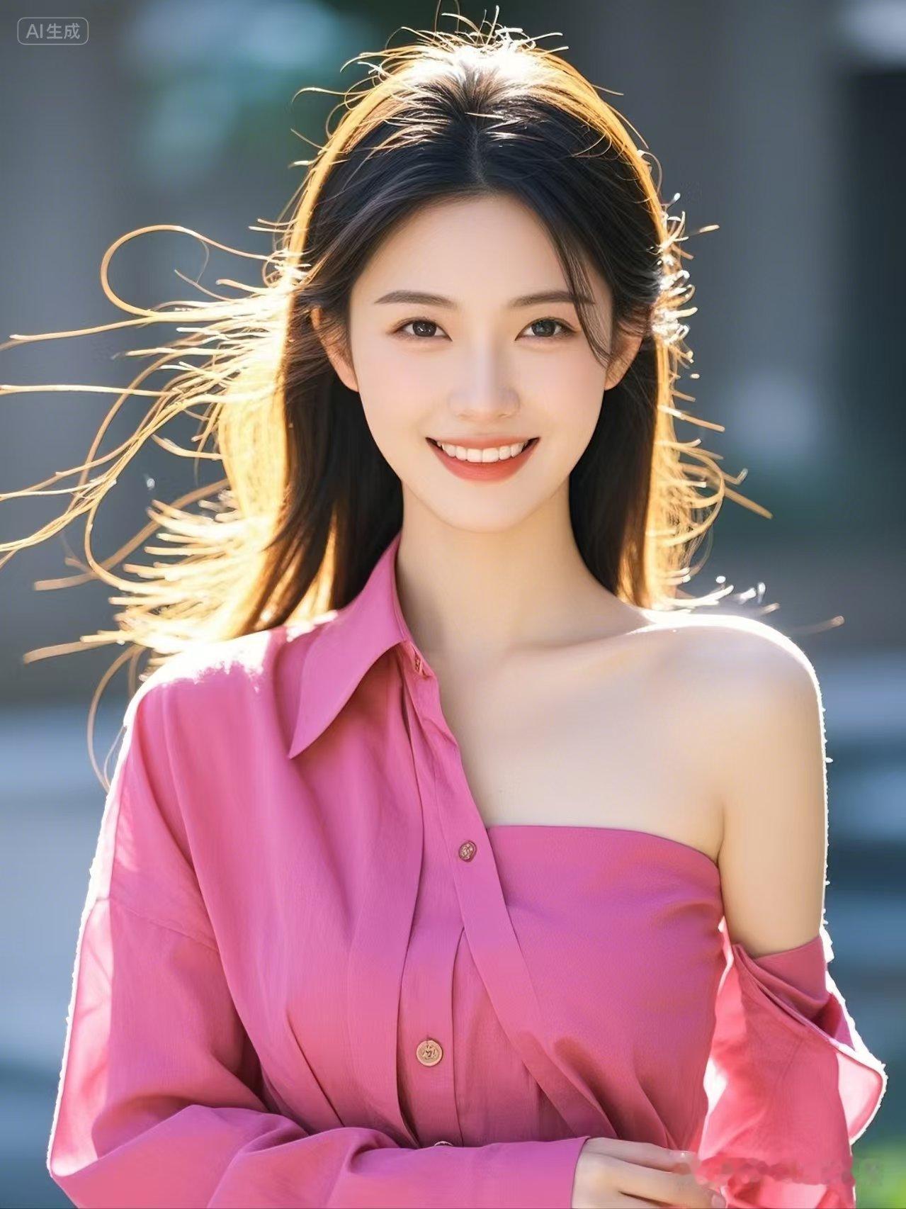 阳光吻上发梢，粉衣少女笑靥如花，春风拂面，治愈系美好瞬间定格。