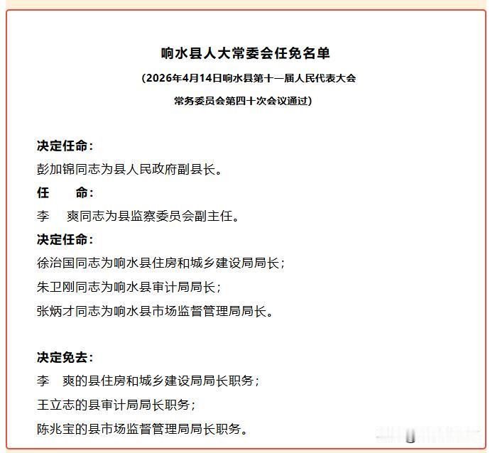 响水人事任免名单：决定任命彭加锦为县人民政府副县长；任命李爽为县监察委员会副主任