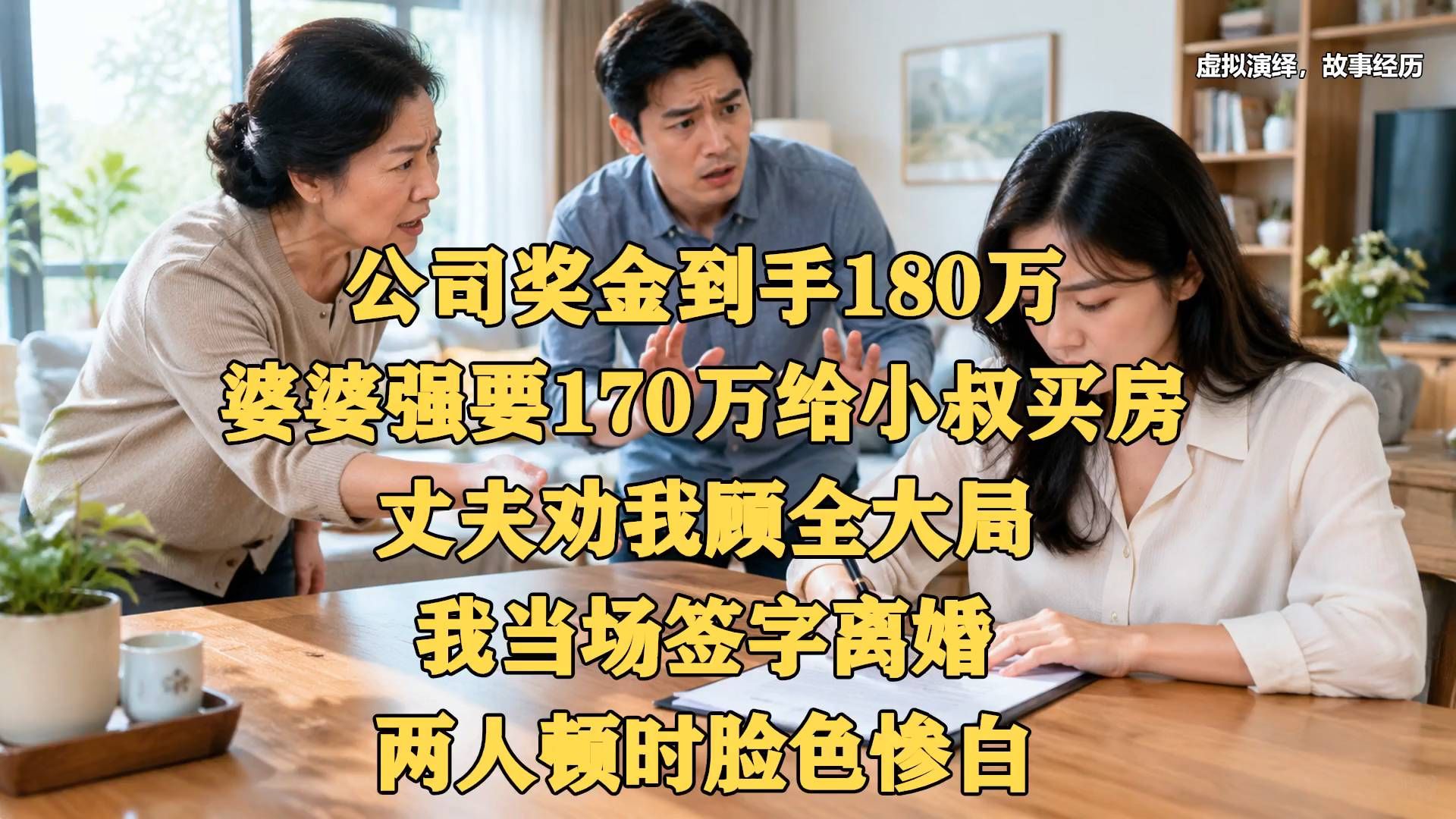 公司奖金到手180万，婆婆强要170万给小叔买房，丈夫劝我顾全大局，我当场签字离婚，两人顿时脸色惨白