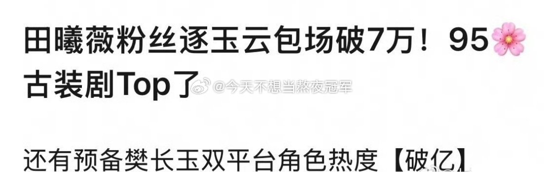 tg. 田曦薇《逐玉》散粉☁️包场7w座，樊长玉双平台角色热度破亿 逐玉田曦薇逐