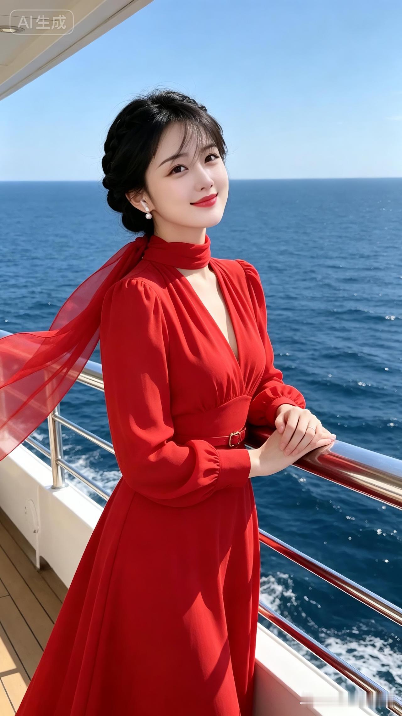 一位气质优雅、仪态端庄的成熟亚洲女性，乌黑的秀发盘成精致的低发髻，耳畔垂着珍珠耳