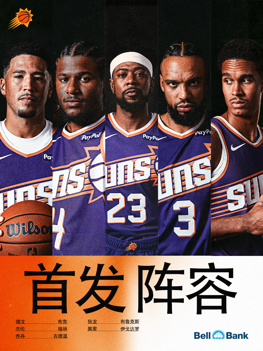 【今天首发阵容—生死战⚔️】🧡德文-布克💜杰伦-格林🧡乔丹-古德温💜狄龙