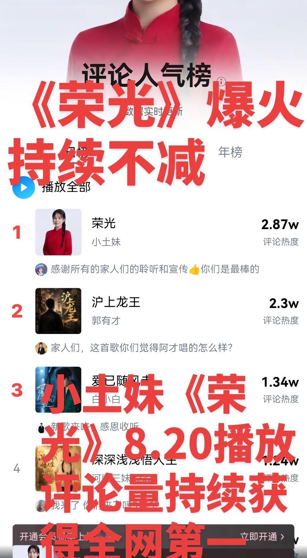 小土妹原唱新歌发布会还没举行，《荣光》持续火爆12天了，8.20日又持续获得播放