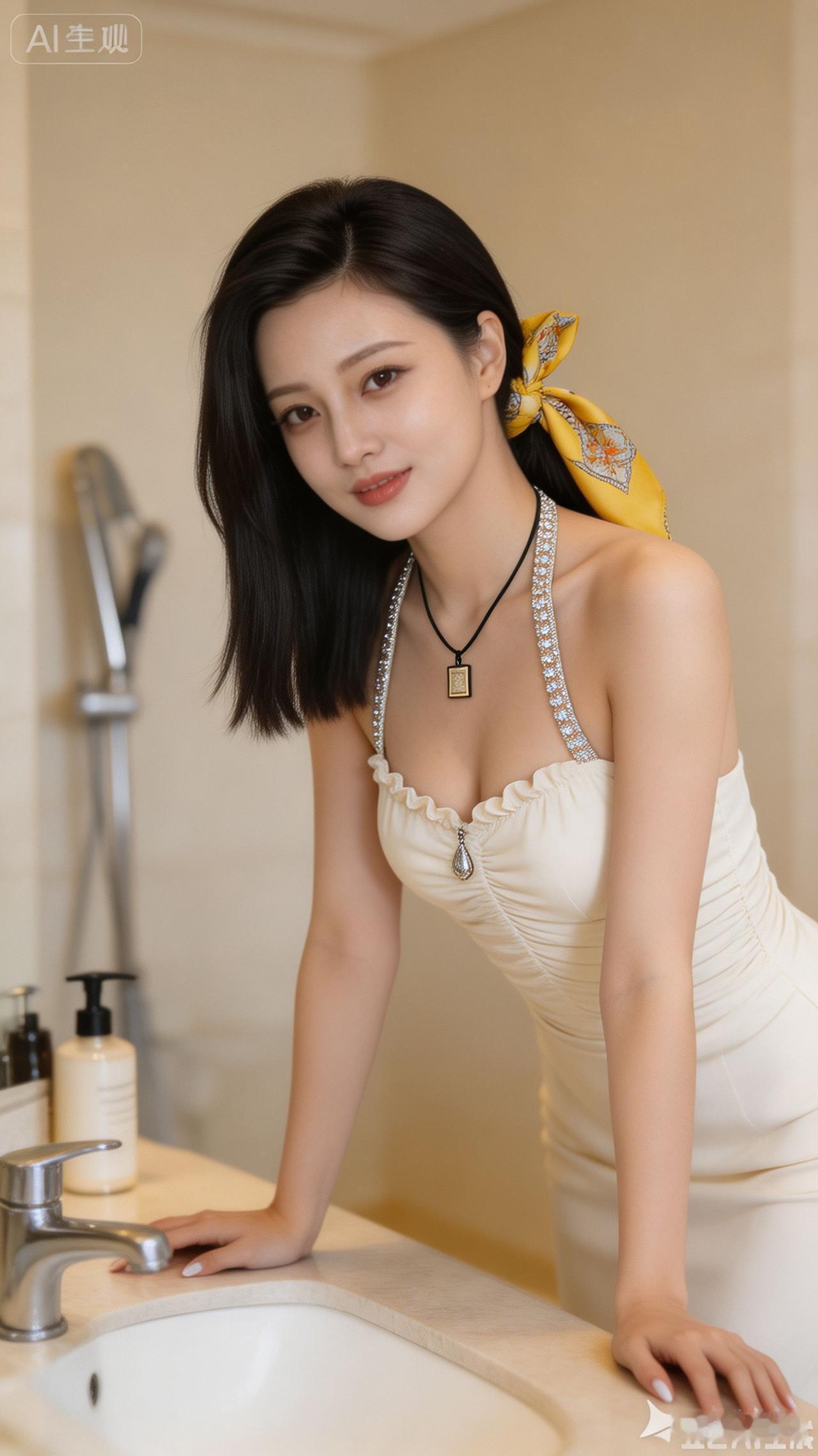 这姑娘打扮得真漂亮，靠在水池边。