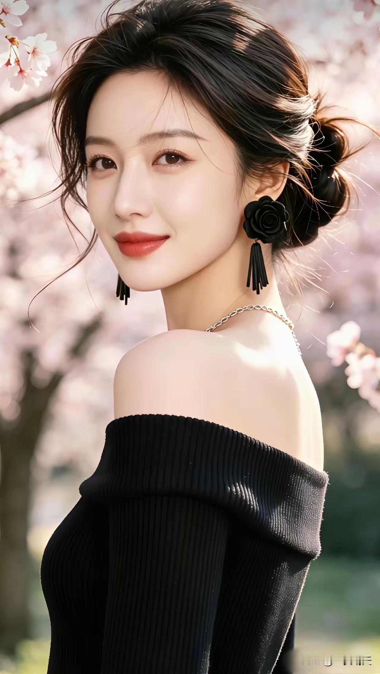 樱花树下，黑裙少女，温柔微笑，春日浪漫