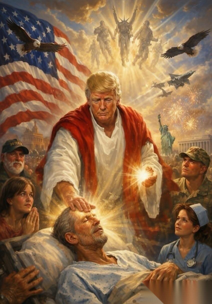 特朗普刚刚在自己的社交账号上，发布了一张图，把自己描绘成耶稣基督。图片元素非常丰