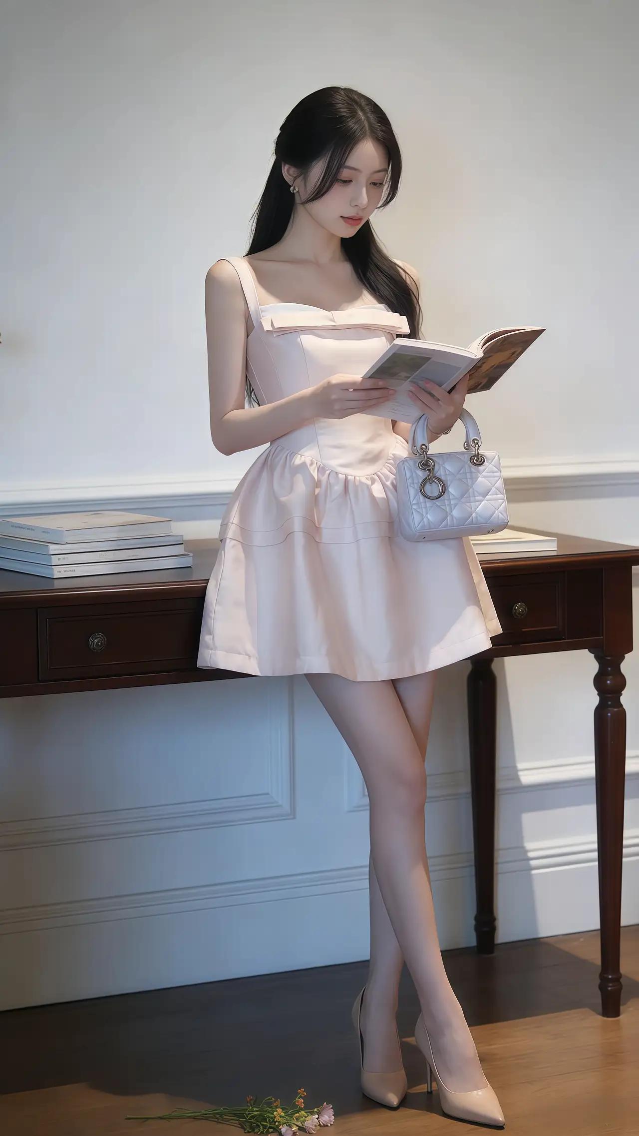 什么样的穿搭可以成为气质女神?
她身穿淡粉色吊带连衣裙，搭配米色高跟鞋与白色手提