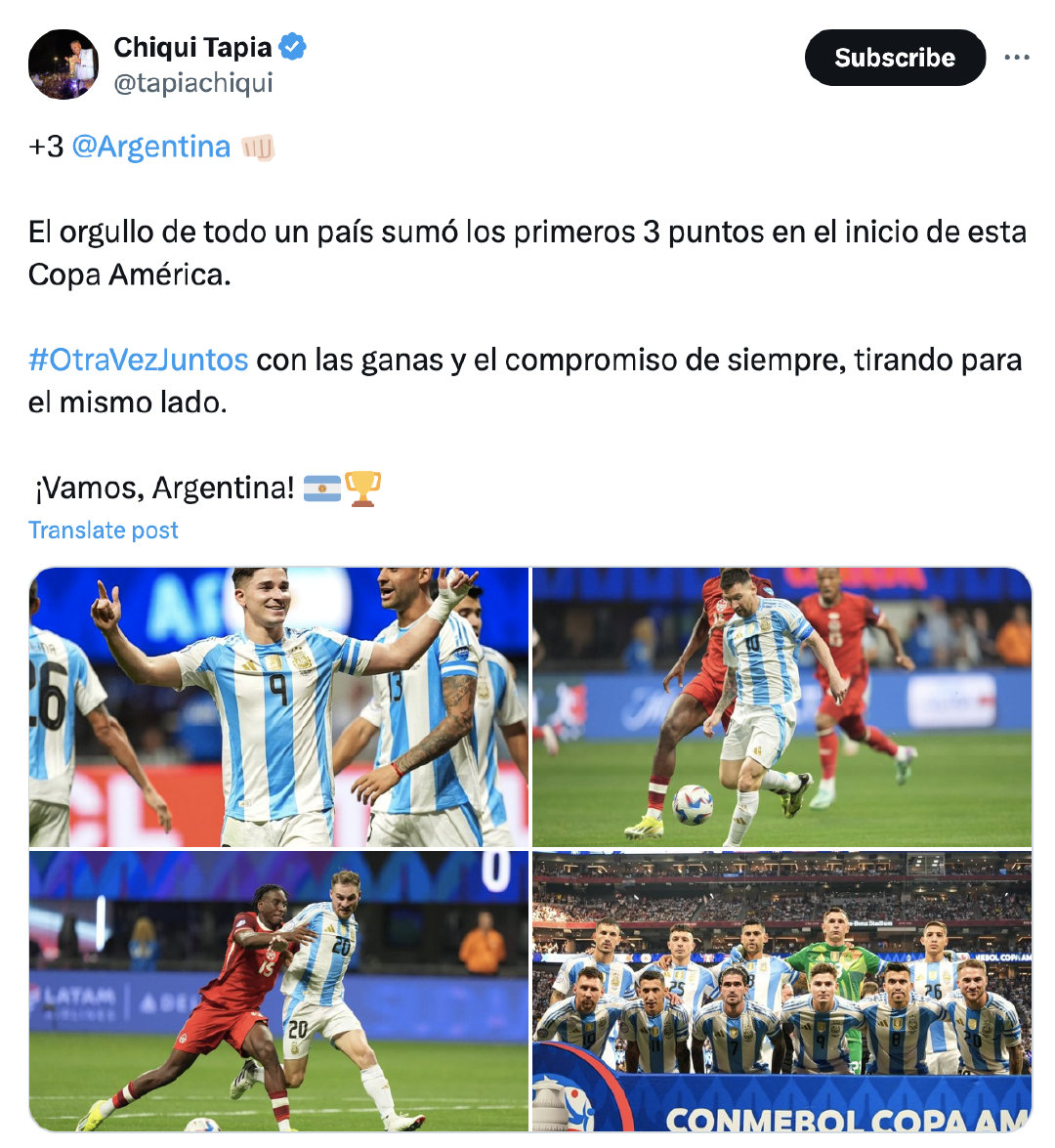 阿根廷足协主席塔皮亚：“3分到手！整个国家的骄傲在本届美洲杯开局拿下首个3分。我