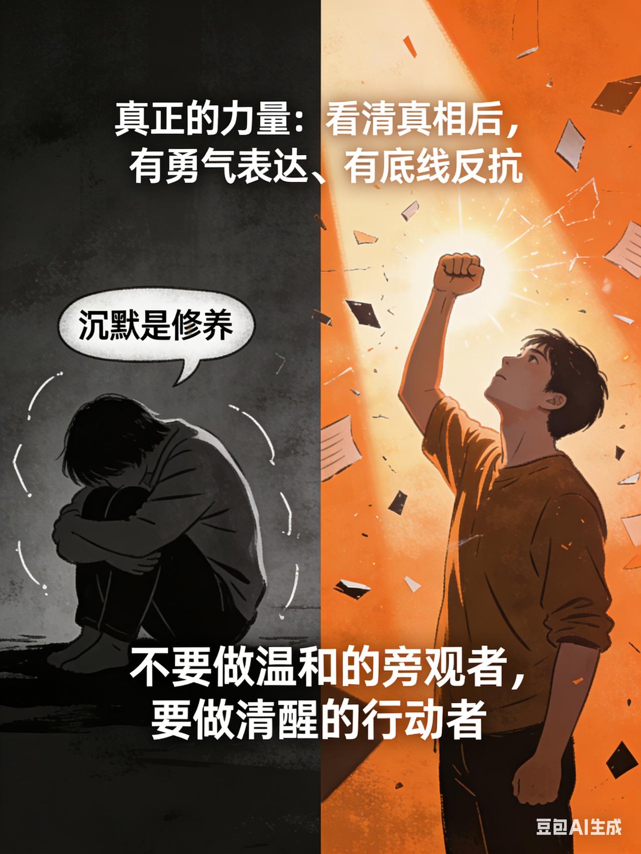 许多人将沉默视作修养，
实则沉默不过是无能的妥协。
真正的力量，是洞悉真相之后，