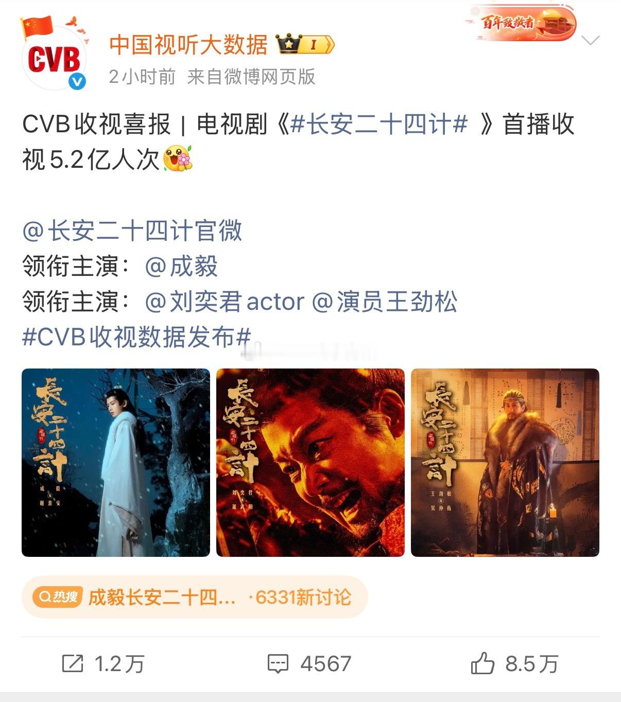 cvb发布《长安二十四计》全集28集，首播收视5.2亿人次 
