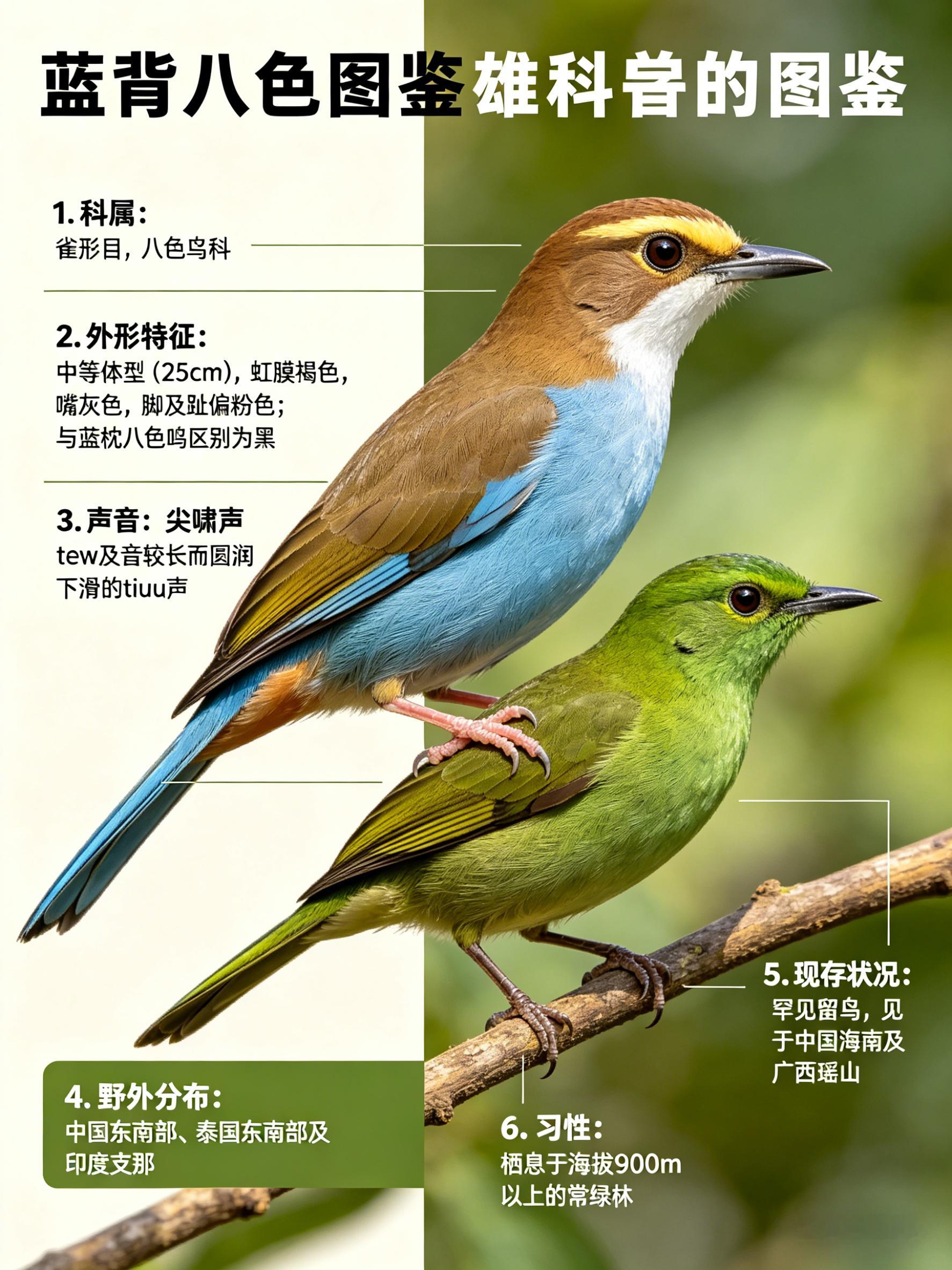 鸟类朋友图鉴 蓝背八色鸫·科属：雀形目，八色鸫科。·外形特征：中等体型（25cm