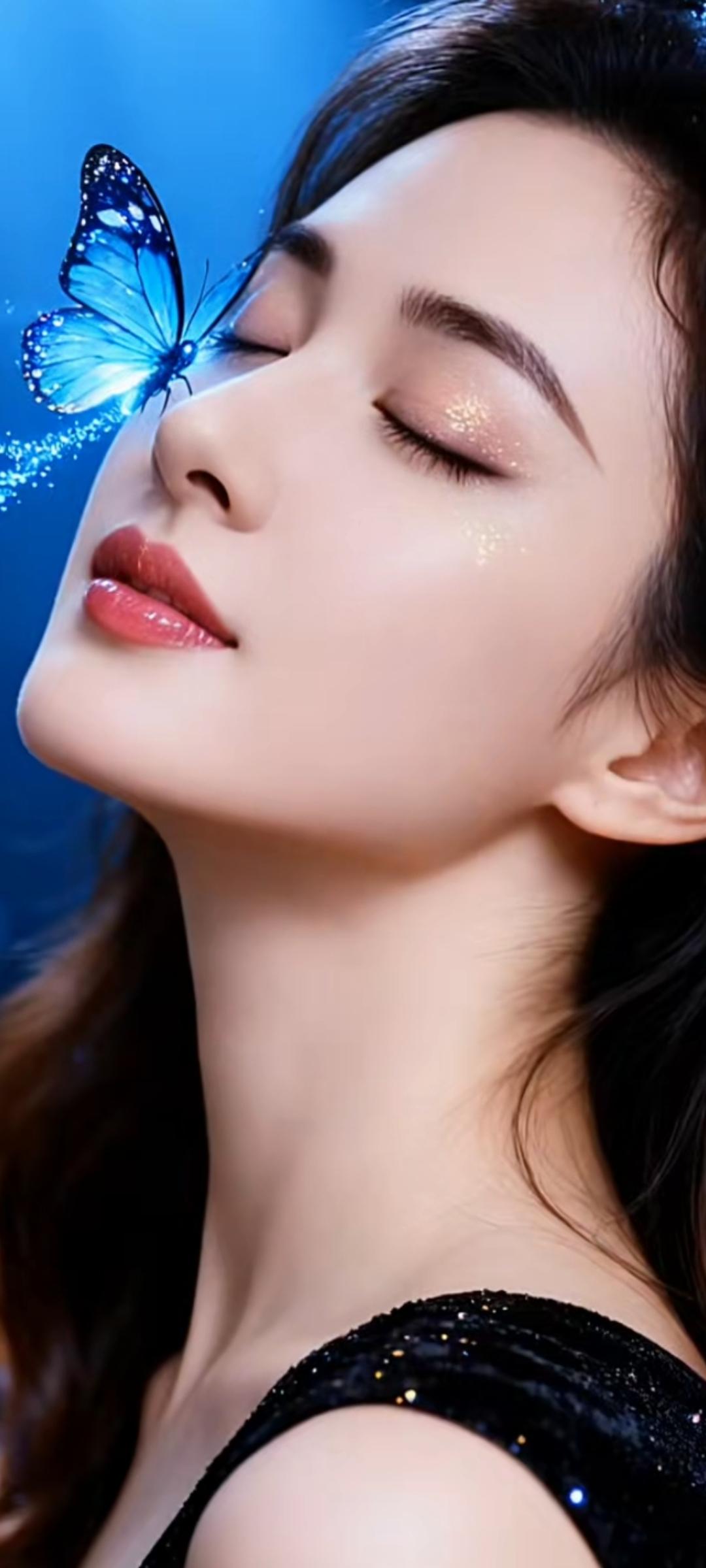 闭眼沉思，蝴蝶翩翩起舞，梦幻般的蓝色调，唯美如画。