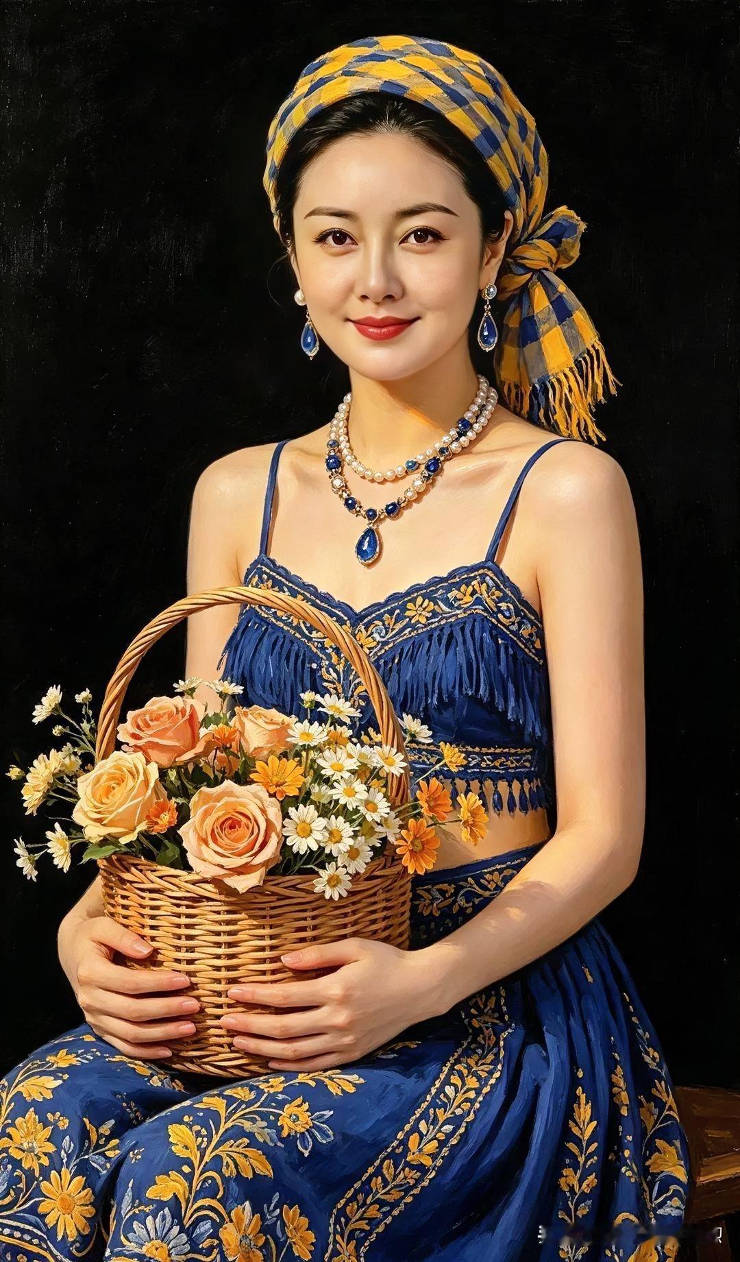 【油画佳人】

浓墨轻描静女颜，蓝裙黄紫缀花间。

篮中盛满春颜色，一笑如诗入画