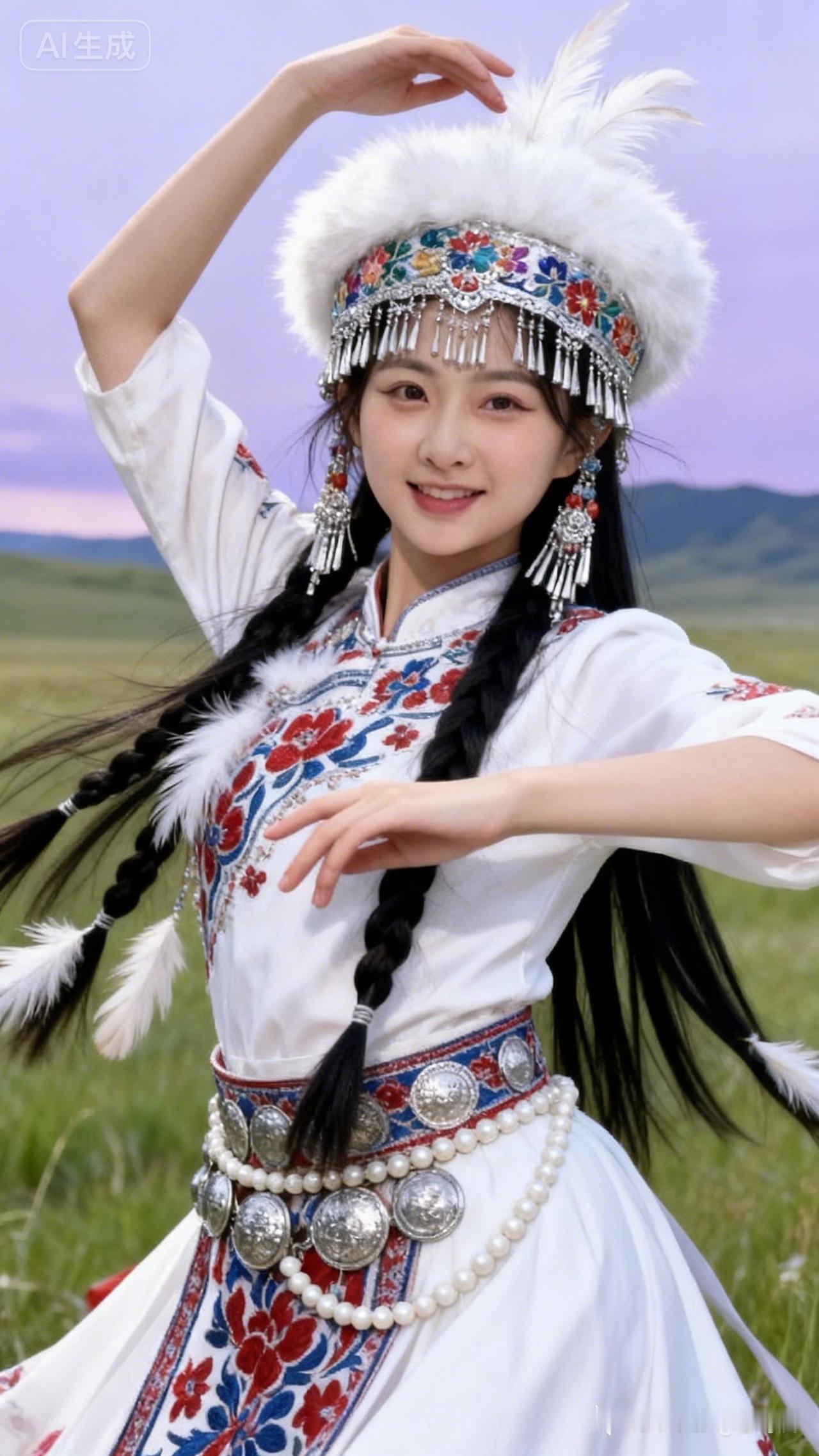 草原上的美丽舞者，身着传统服饰，舞动出动人的旋律。