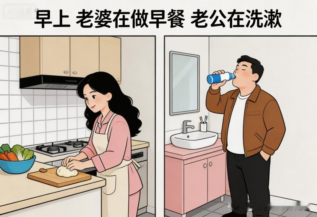 趣味漫画：老公：“早晨刮刮胡子，感觉年轻了10岁！。”老婆：“是吗？漫画小趣味