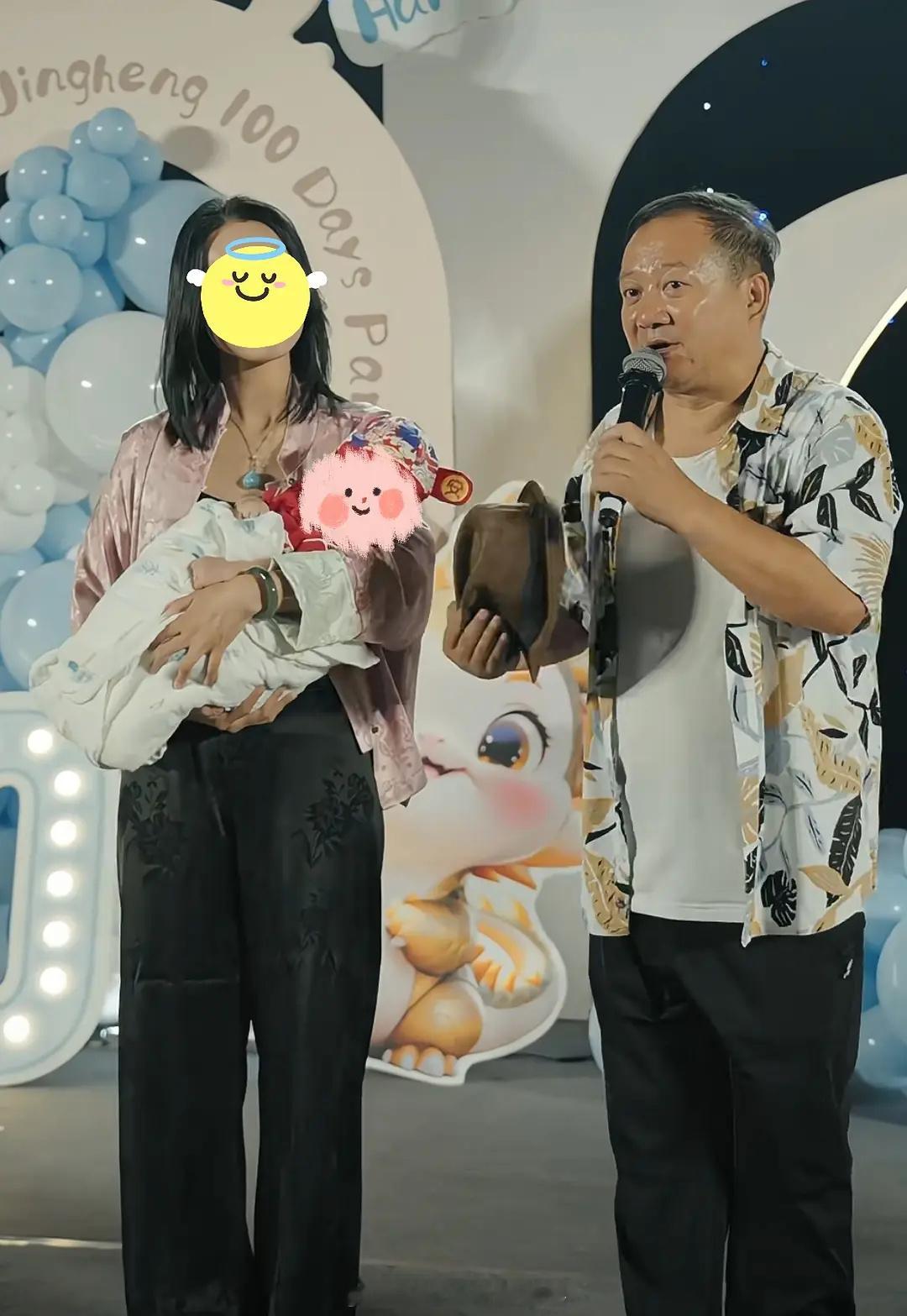 谢广坤饰演者唐鉴军（56岁）举办儿子百岁宴，与第三任妻子（28岁）和53岁的丈母