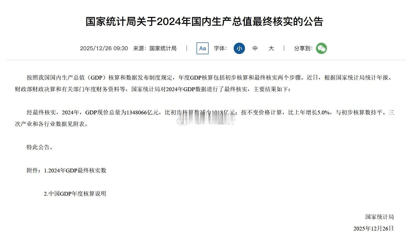 国家统计局：经最终核实，2024年，GDP现价总量为1348066亿元，比初步核