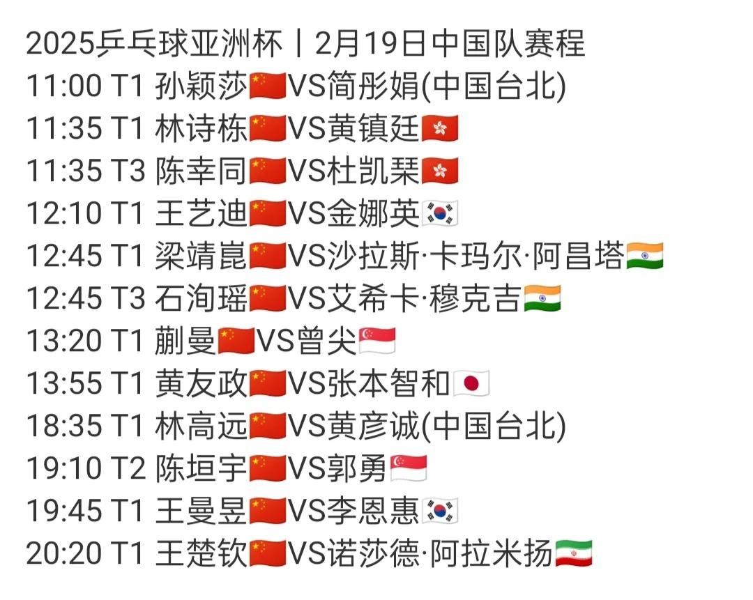 亚洲杯2月19日赛程
莎莎开始，王楚钦结束。一头一尾保证上座率