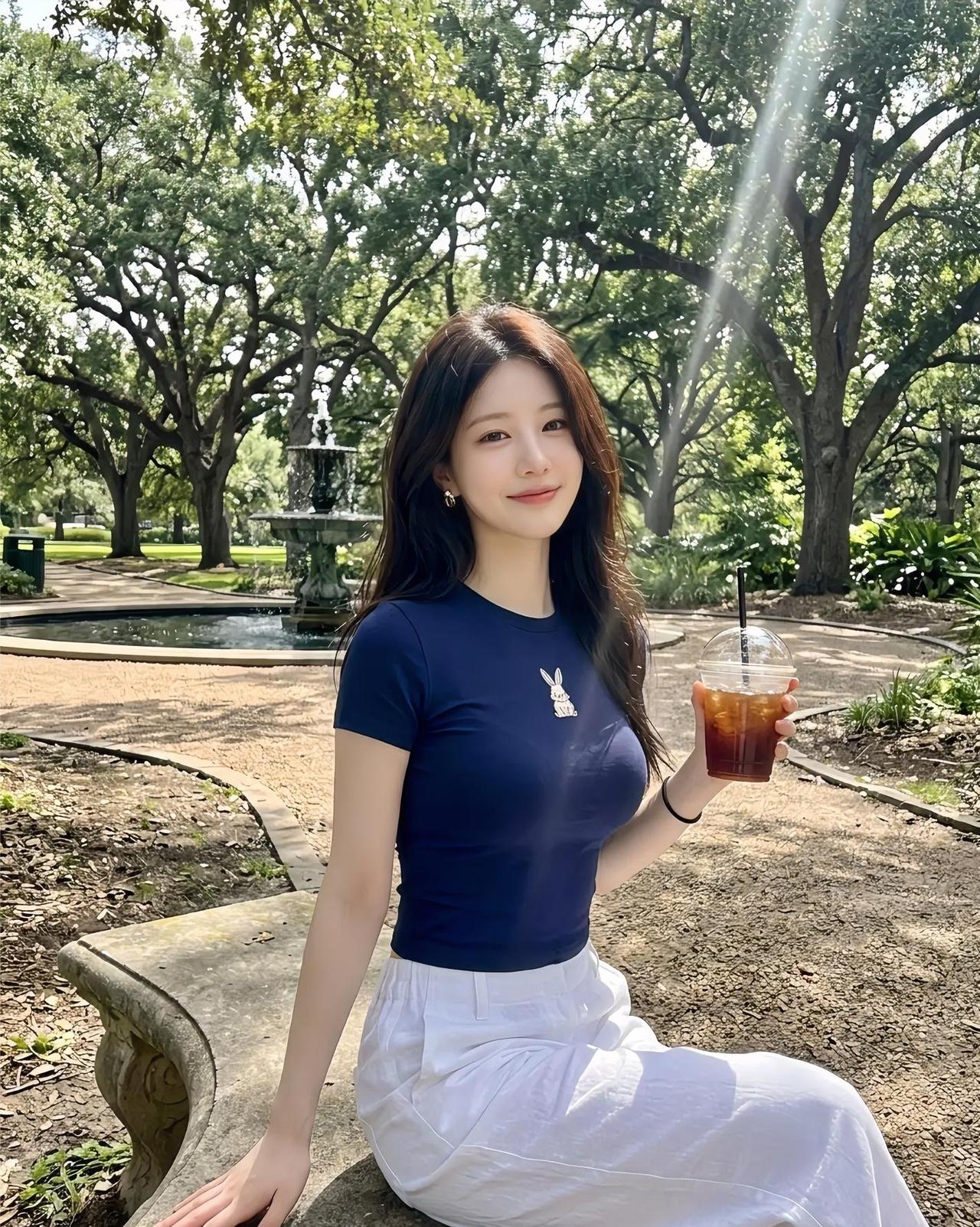 午后漫步复古公园，喷泉潺潺流淌，阳光穿过树叶洒下细碎光斑。
