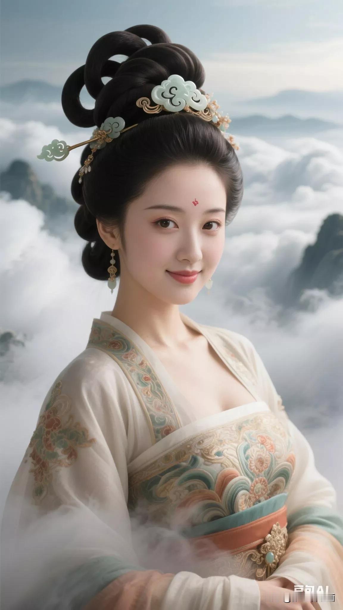 云雾缭绕中的古典美人，宛如仙境中的仙女。张立启原创书画AI作品古仕女发髻集锦第3