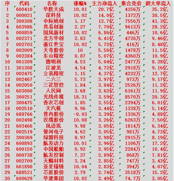 2月13日尾盘30分钟，主力资金“买入的 ”的30名单一览！

华胜天成：净流入