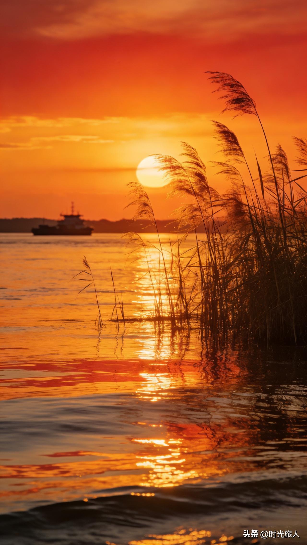 昨天傍晚在江边，晚霞真的美到失语。
随手拍了一张图，便有了这副上联：红树醉秋山落
