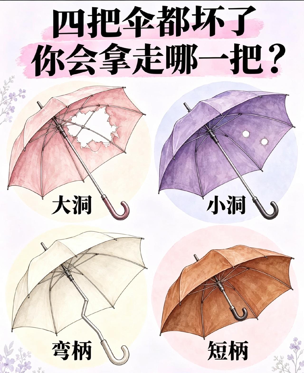 你会拿哪一把？
暴雨突至，你没带伞。服务台只剩四把伞，全都坏了，凭第一直觉，你会