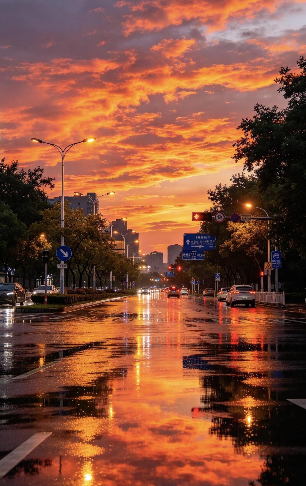 精美壁纸（856）🌈
📝一场雨后的黄昏，城市街道还带着潮气。
湿漉漉的路面像